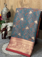 Teal Blue Silk Georgette Pashmina Saree with Floral Paisley Design