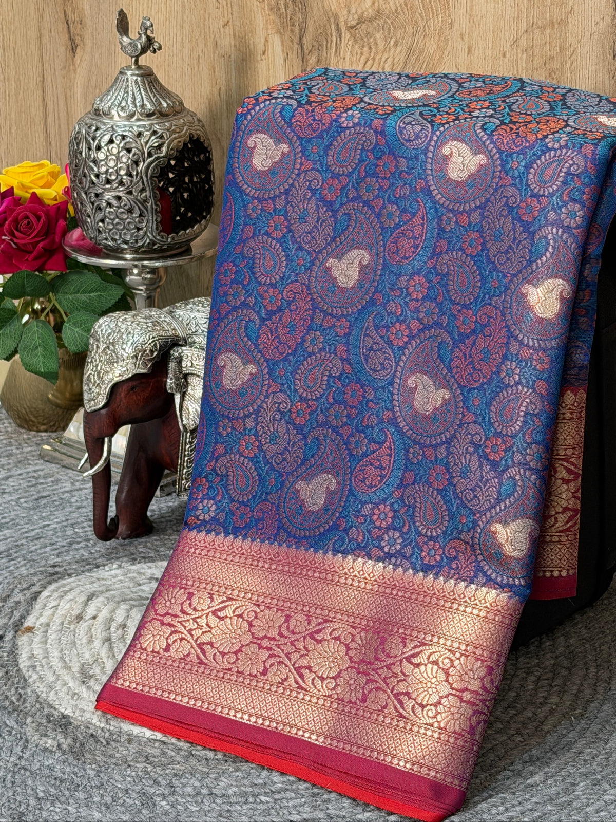 Royal Blue Silk Georgette Pashmina Saree with Floral Paisley Design