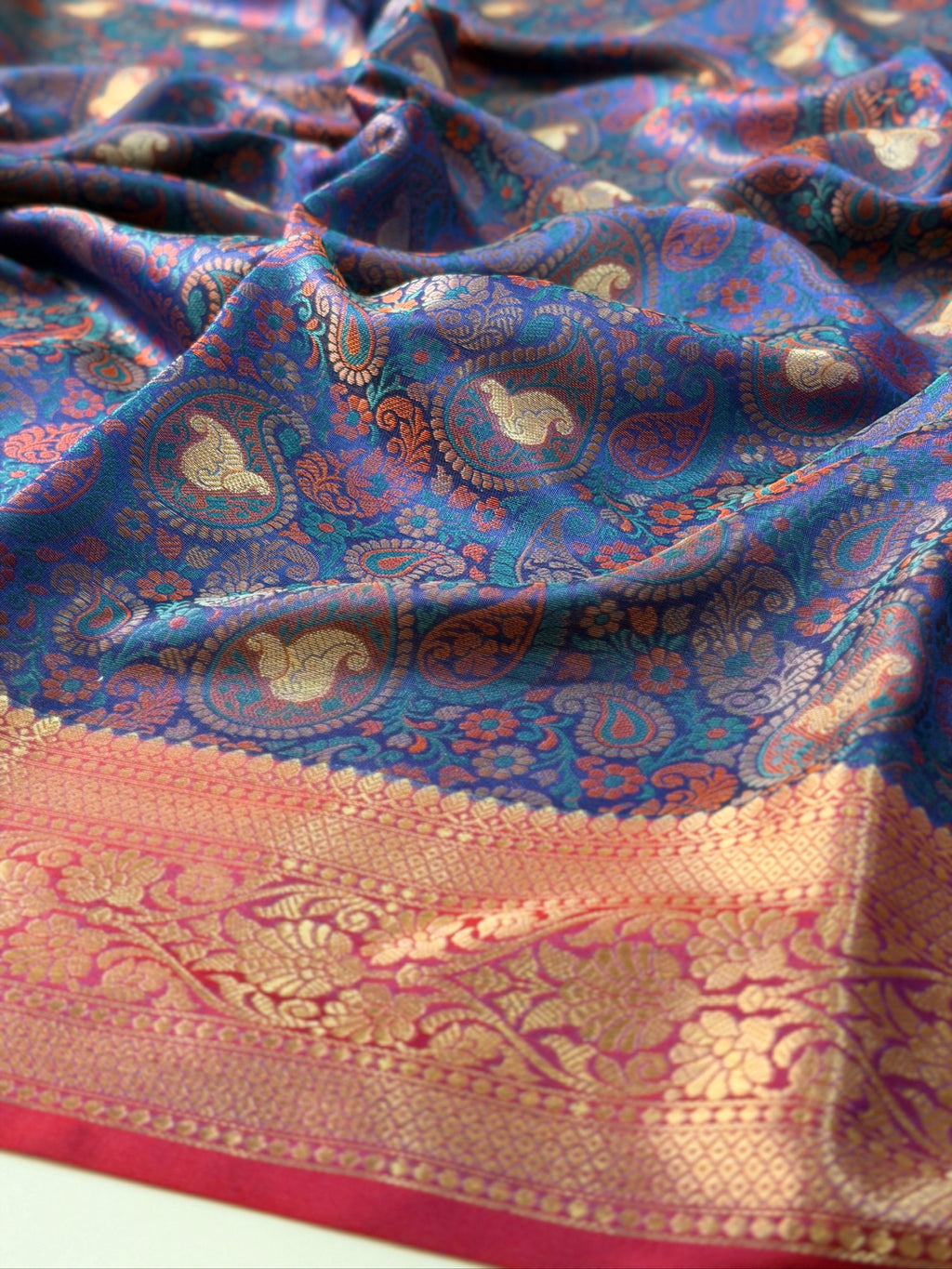 Royal Blue Silk Georgette Pashmina Saree with Floral Paisley Design