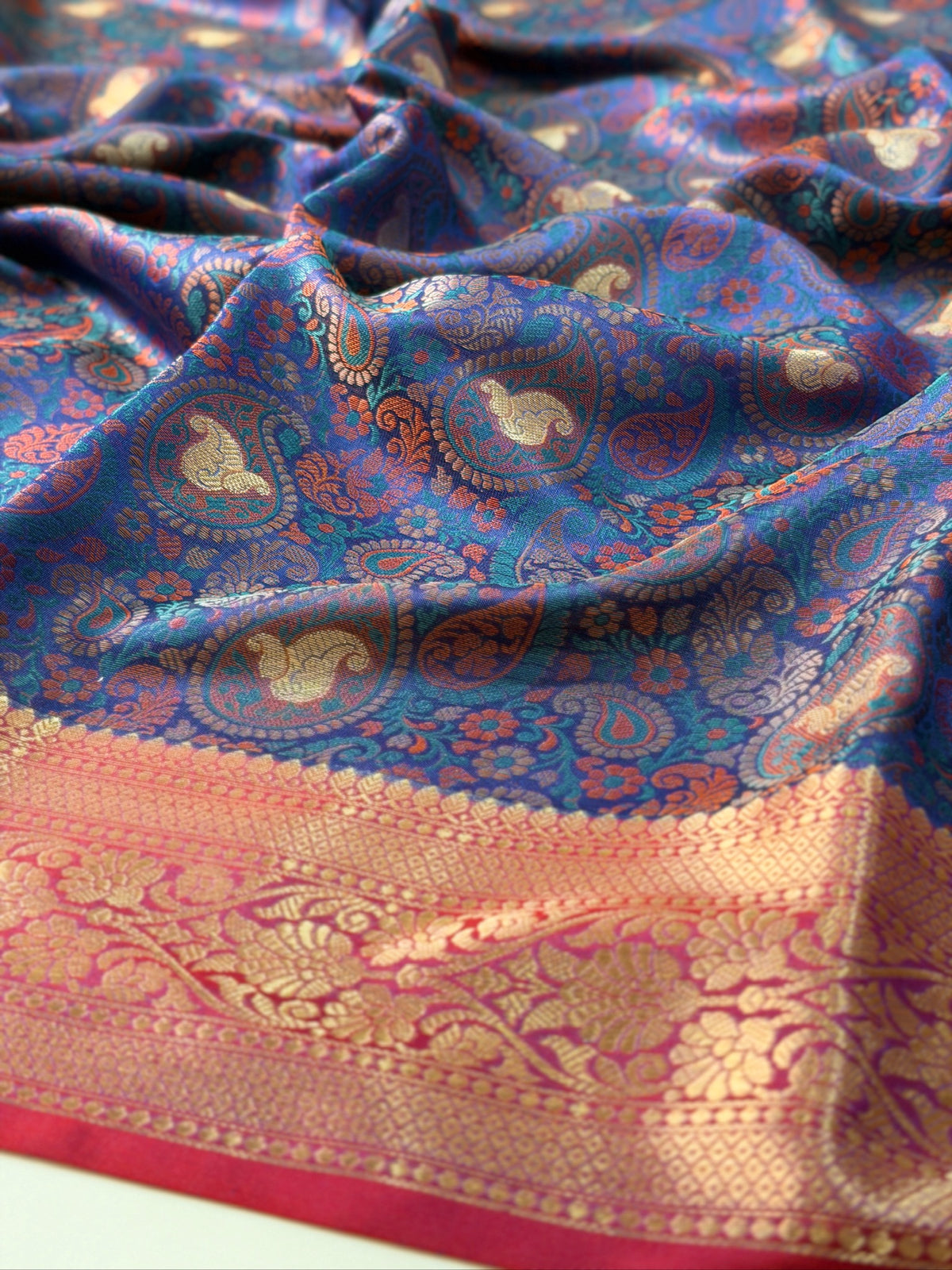 Royal Blue Silk Georgette Pashmina Saree with Floral Paisley Design