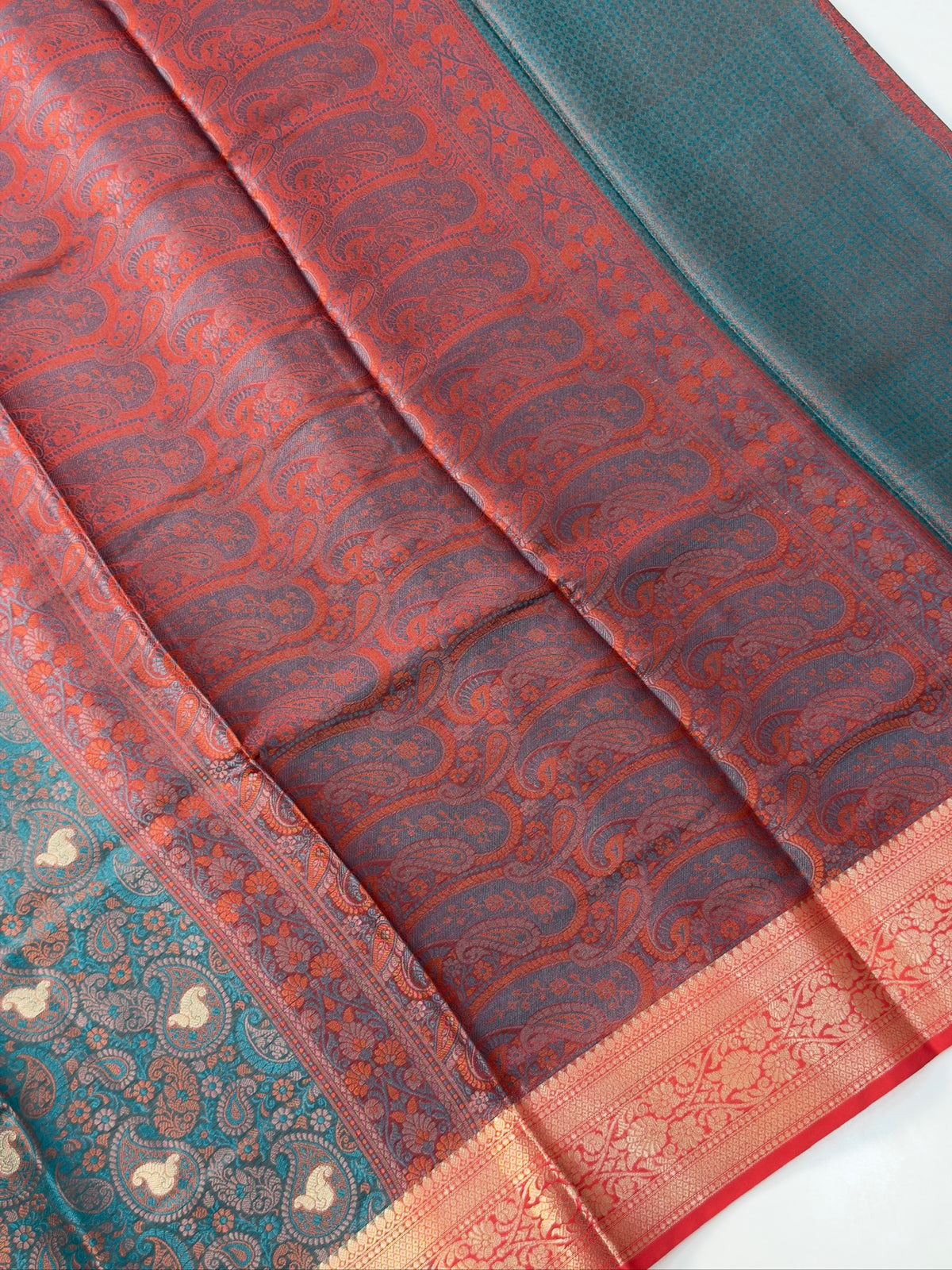 Teal Blue Silk Georgette Pashmina Saree with Floral Paisley Design