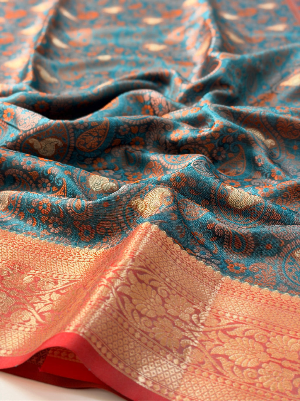 Teal Blue Silk Georgette Pashmina Saree with Floral Paisley Design