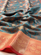 Teal Blue Silk Georgette Pashmina Saree with Floral Paisley Design