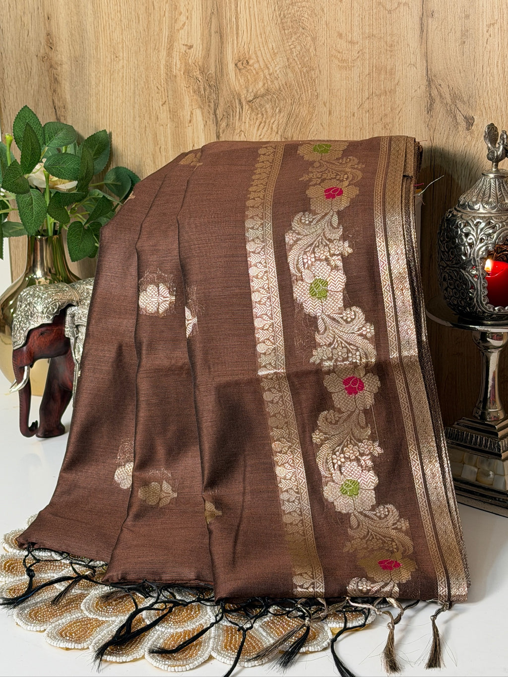 Cocoa Brown Chanderi Cotton Silk Meenkari Saree