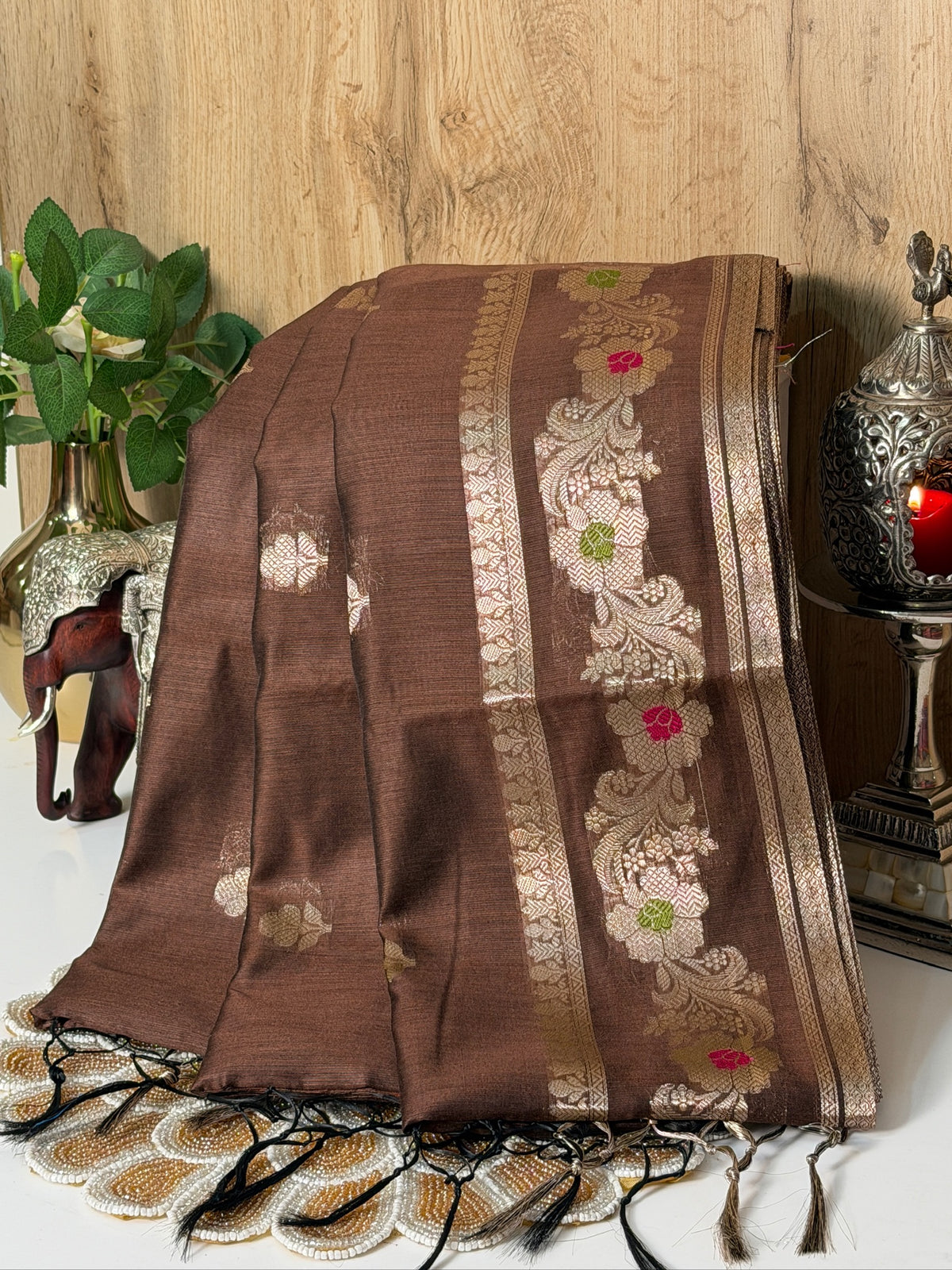 Cocoa Brown Chanderi Cotton Silk Meenkari Saree