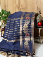 Midnight Blue Chanderi Cotton Silk Meenkari Saree with Striped Border