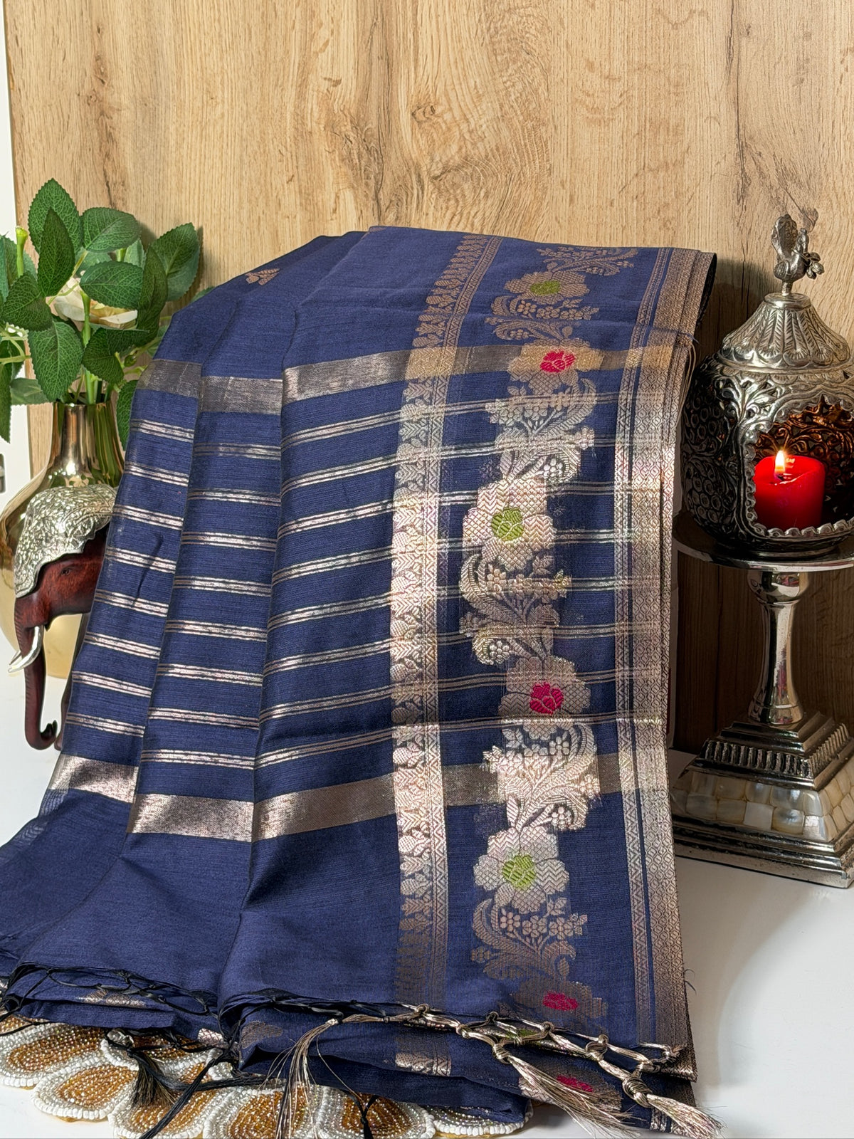 Midnight Blue Chanderi Cotton Silk Meenkari Saree with Striped Border