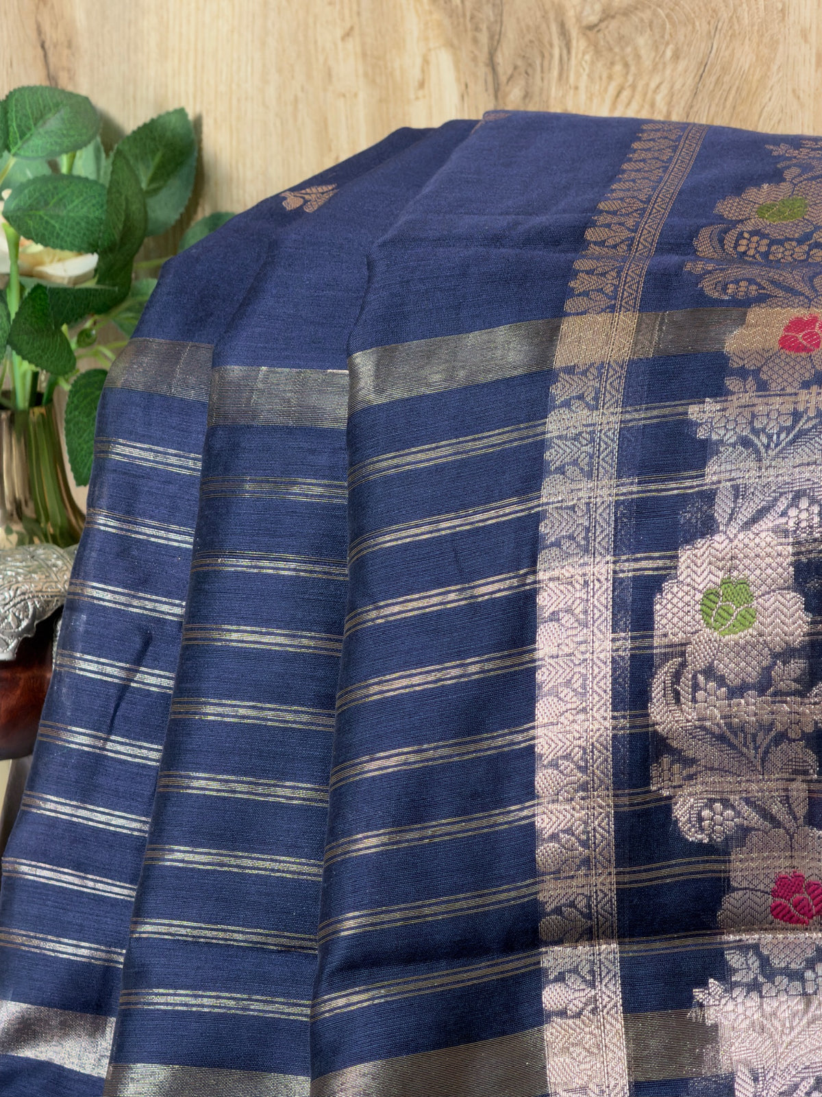 Midnight Blue Chanderi Cotton Silk Meenkari Saree with Striped Border
