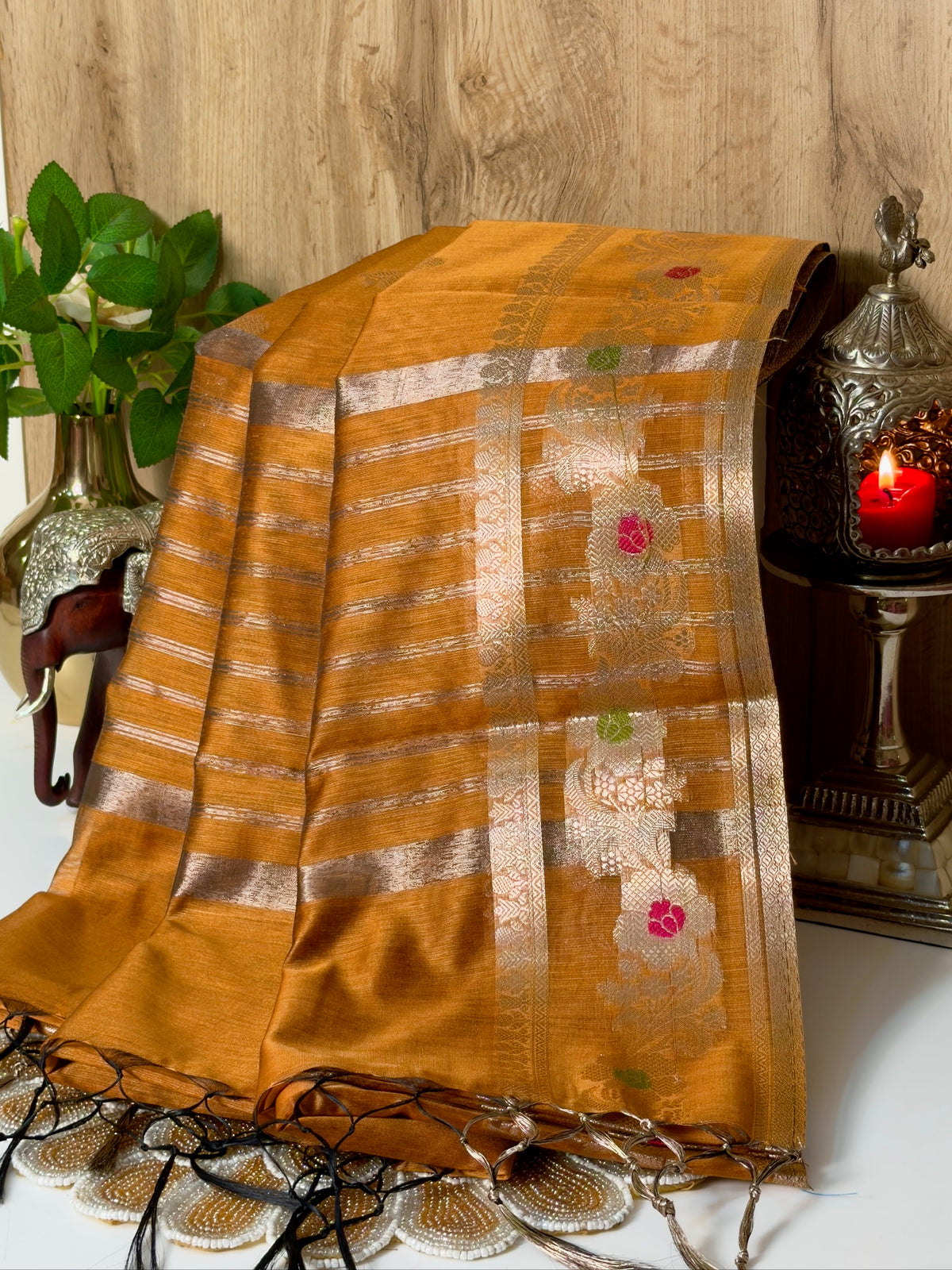 Mustard Orange Chanderi Cotton Silk Meenkari Saree with Striped Border