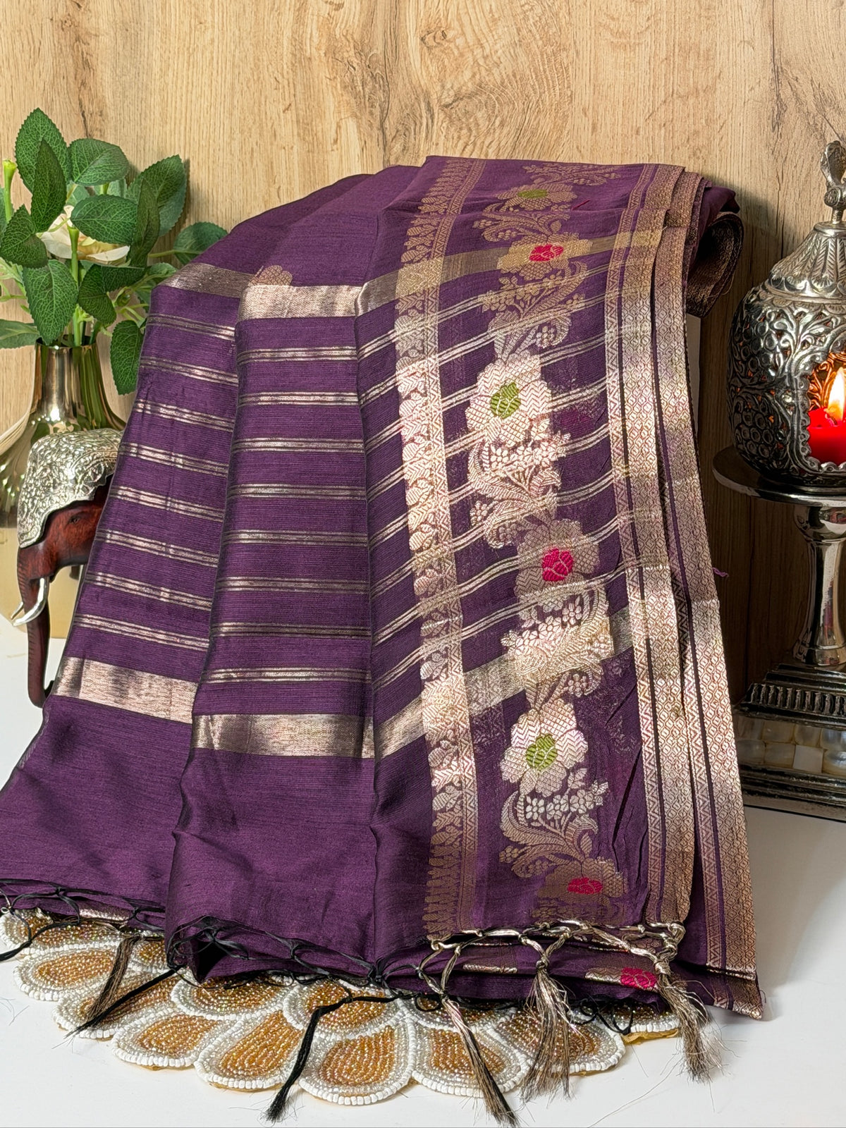Deep Plum Purple Chanderi Cotton Silk Meenkari Saree with Striped Border