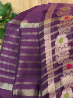 Deep Plum Purple Chanderi Cotton Silk Meenkari Saree with Striped Border
