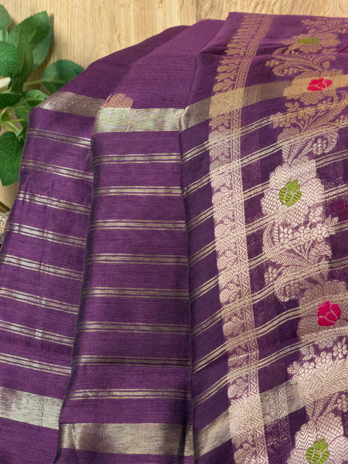 Deep Plum Purple Chanderi Cotton Silk Meenkari Saree with Striped Border