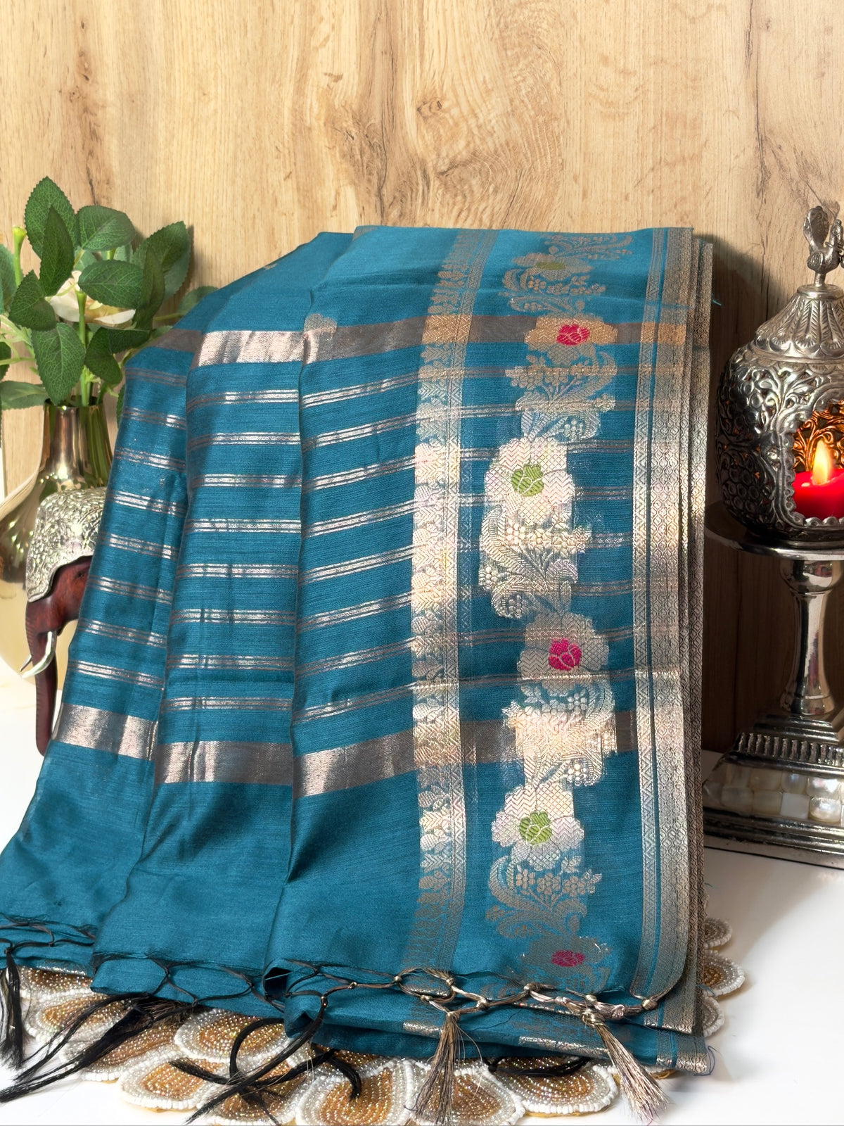 Teal Blue Chanderi Cotton Silk Meenkari Saree with Striped Border