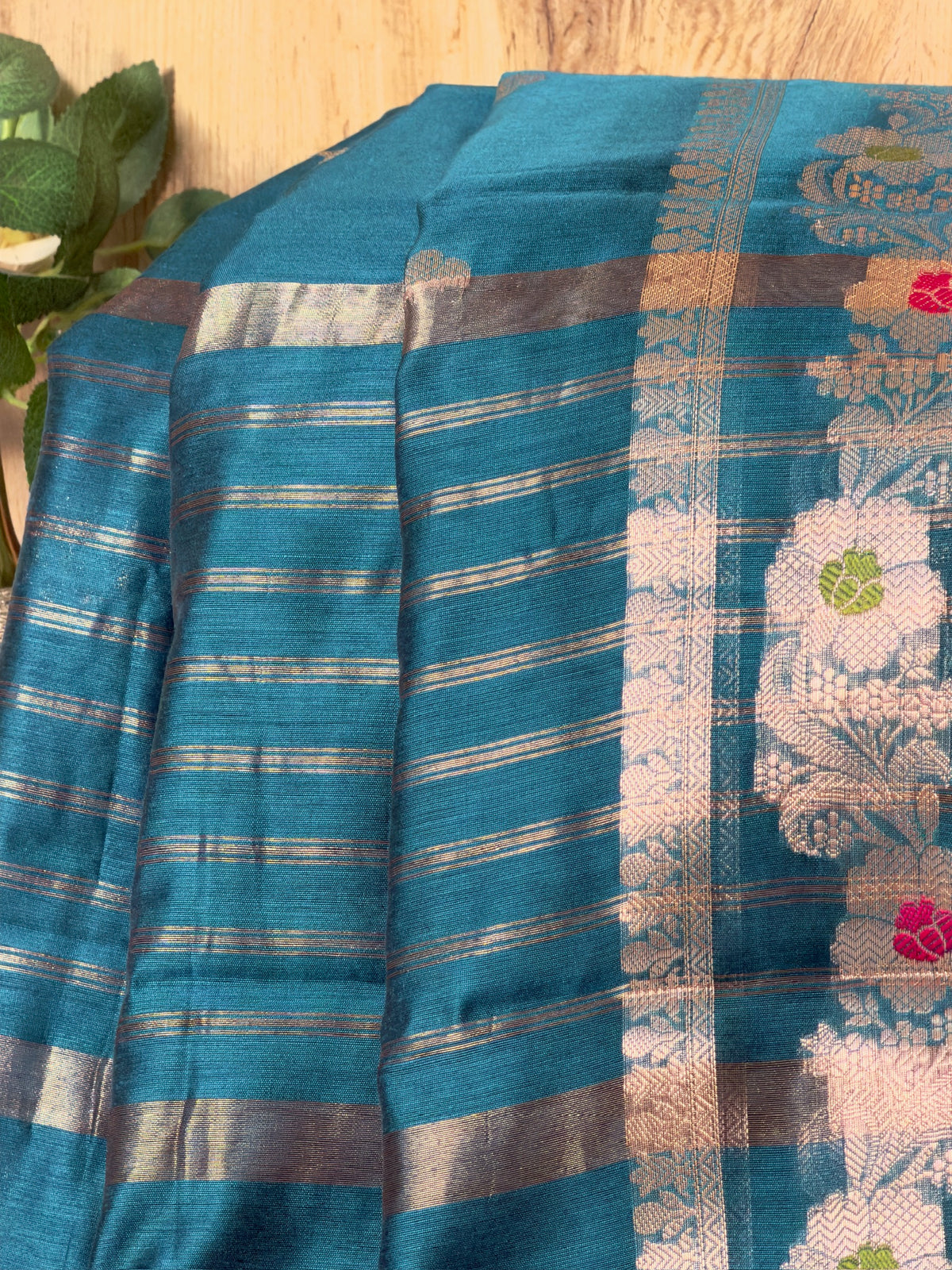 Teal Blue Chanderi Cotton Silk Meenkari Saree with Striped Border