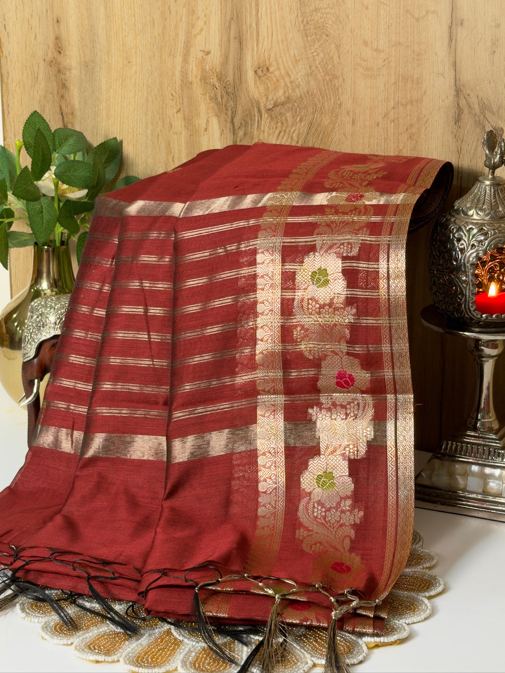 Brick Red Chanderi Cotton Silk Meenkari Saree with Striped Border