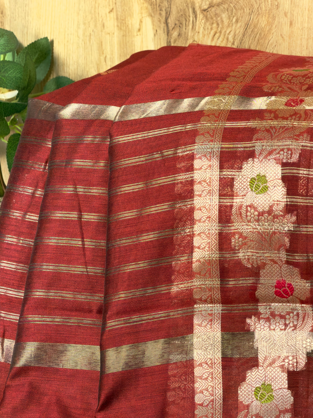 Brick Red Chanderi Cotton Silk Meenkari Saree with Striped Border