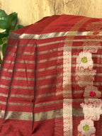 Brick Red Chanderi Cotton Silk Meenkari Saree with Striped Border