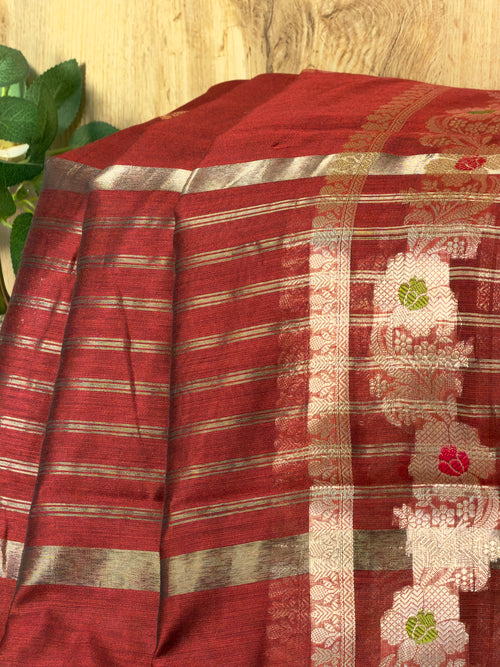 Brick Red Chanderi Cotton Silk Meenkari Saree with Striped Border