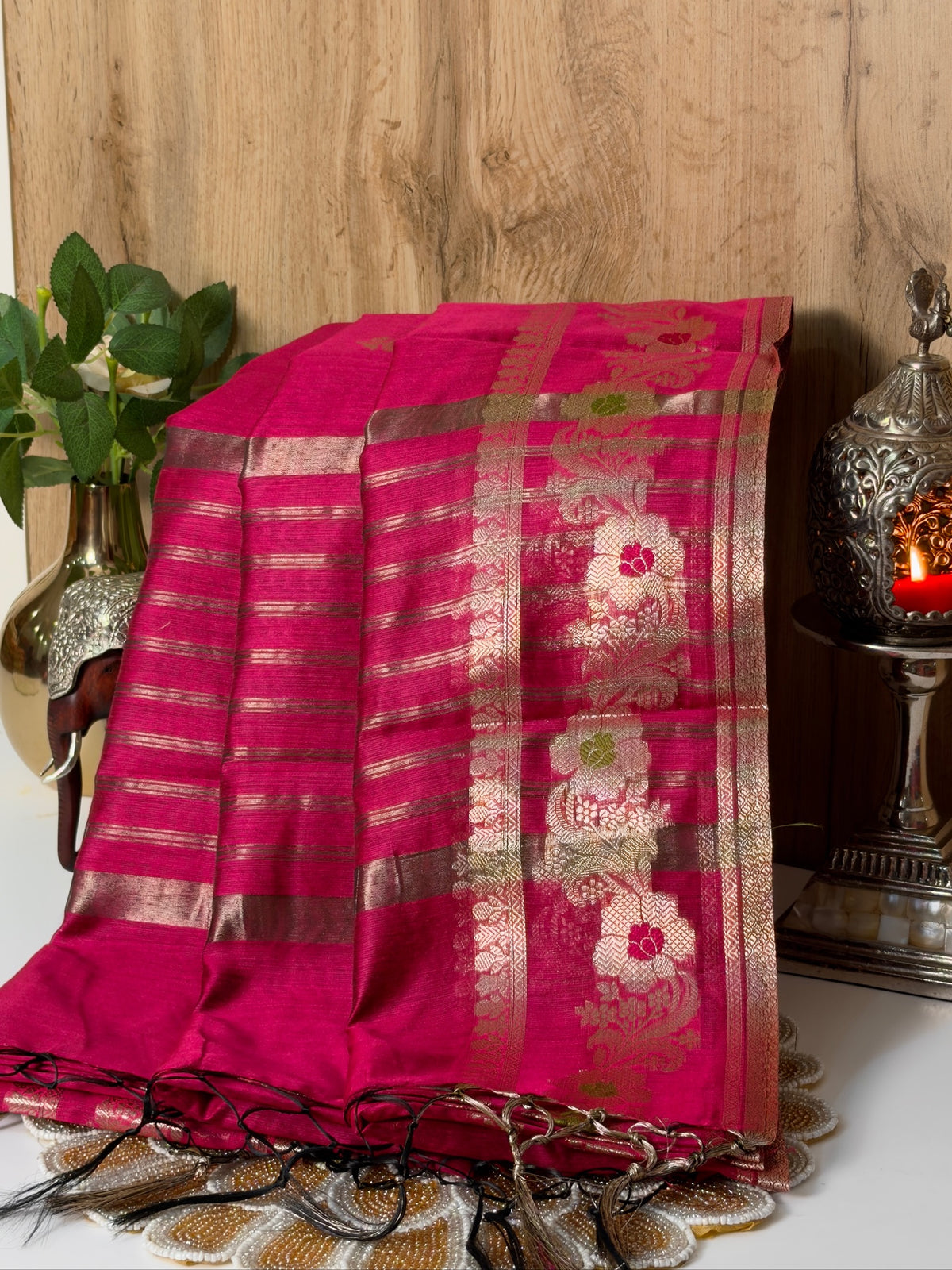 Rani Pink Chanderi Cotton Silk Meenkari Saree with Striped Border