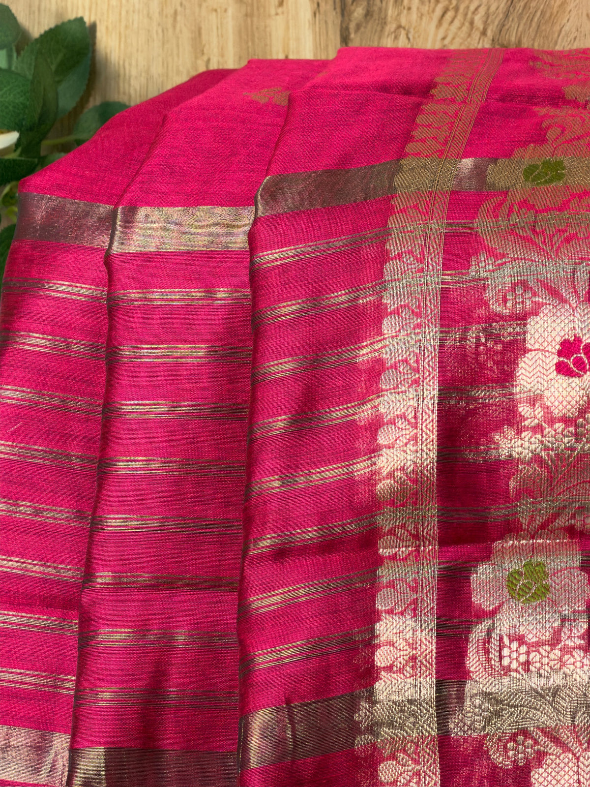 Rani Pink Chanderi Cotton Silk Meenkari Saree with Striped Border