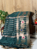 Deep Teal Green Chanderi Cotton Silk Meenkari Saree with Striped Border