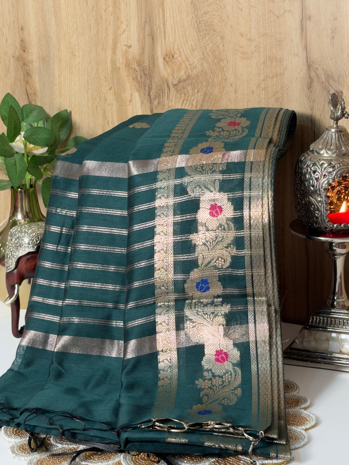 Deep Teal Green Chanderi Cotton Silk Meenkari Saree with Striped Border