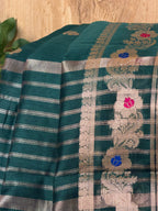 Deep Teal Green Chanderi Cotton Silk Meenkari Saree with Striped Border