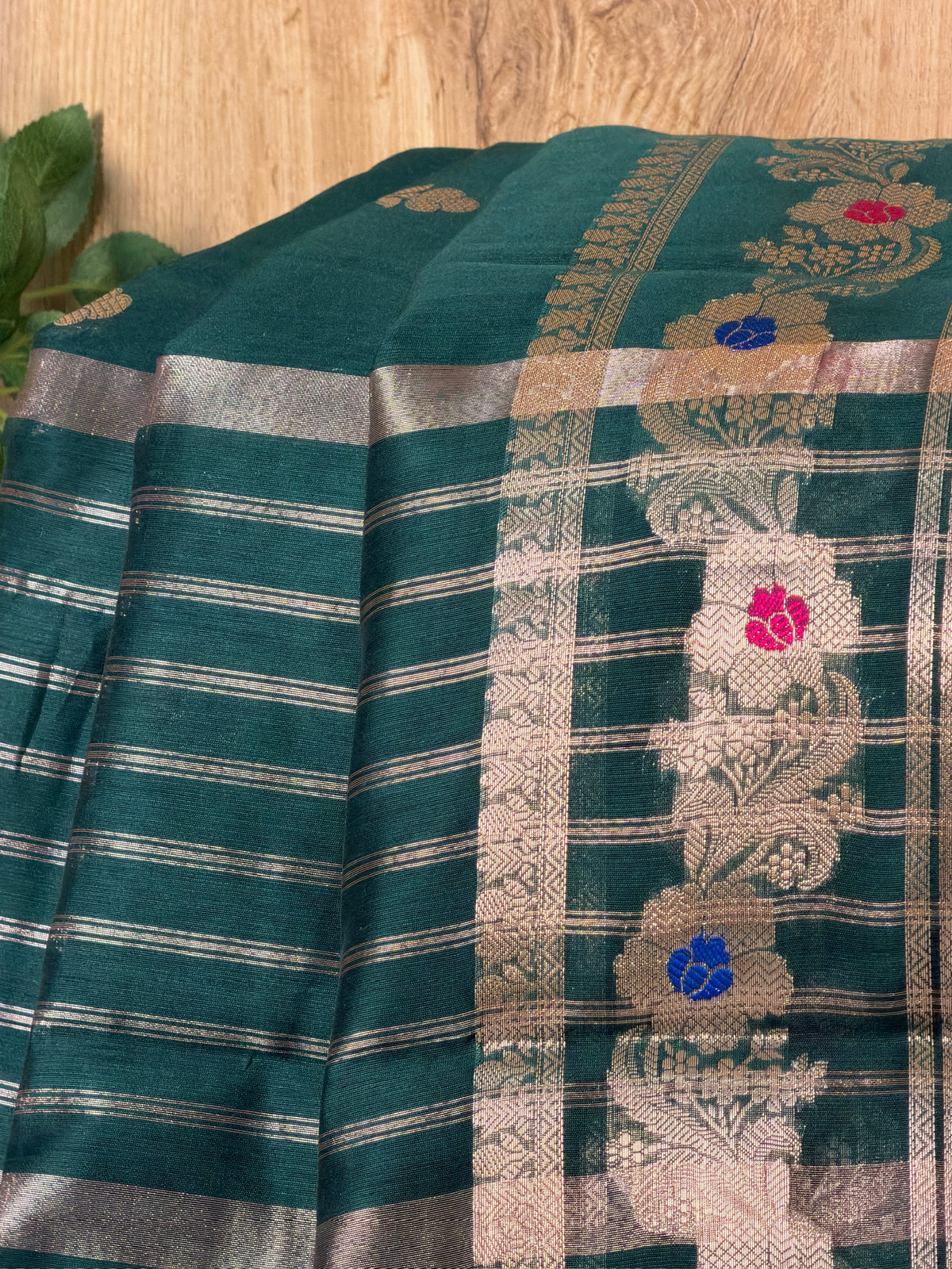 Deep Teal Green Chanderi Cotton Silk Meenkari Saree with Striped Border