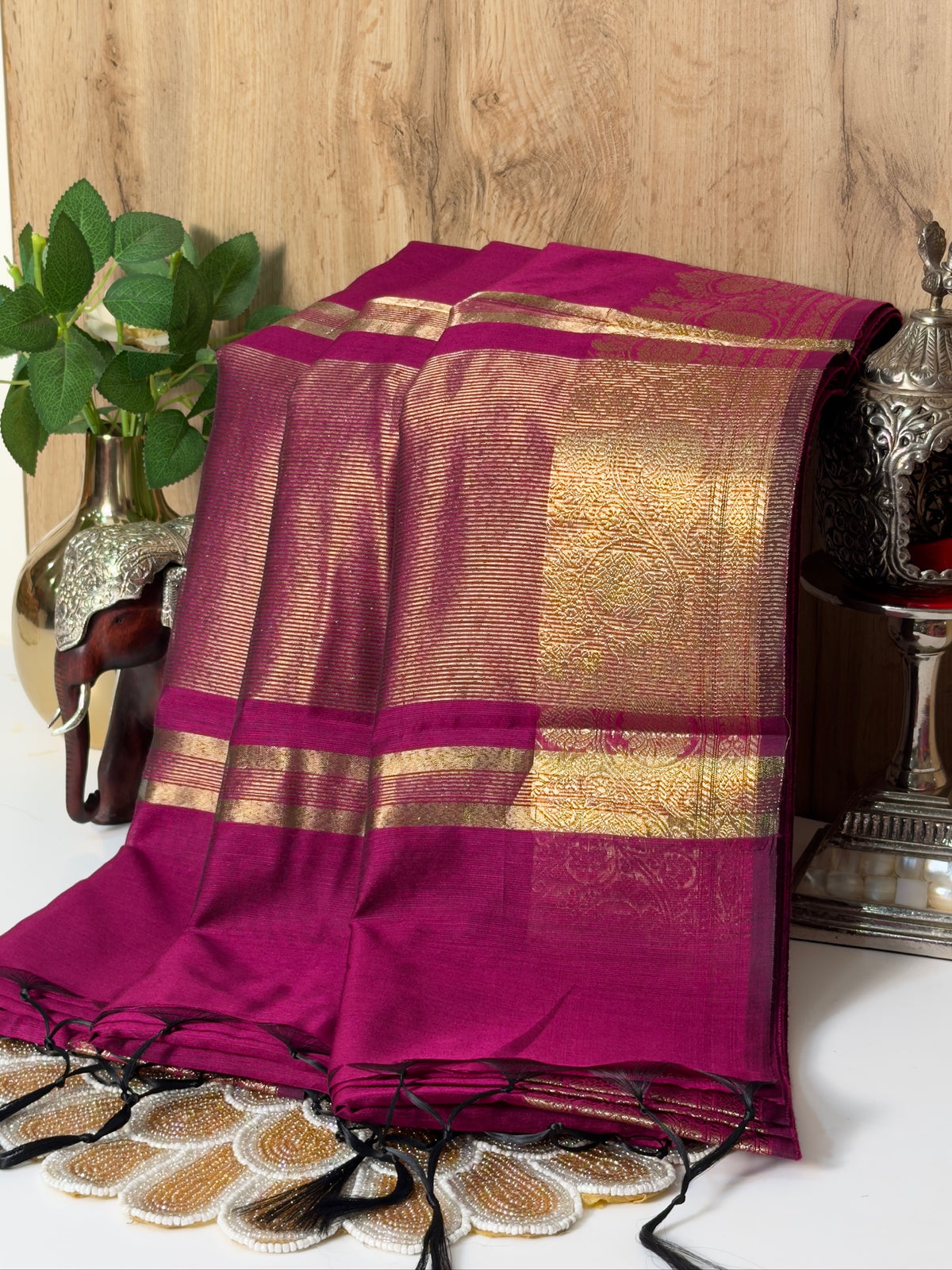 Rani Pink Chanderi Cotton Silk Saree with Zari Border