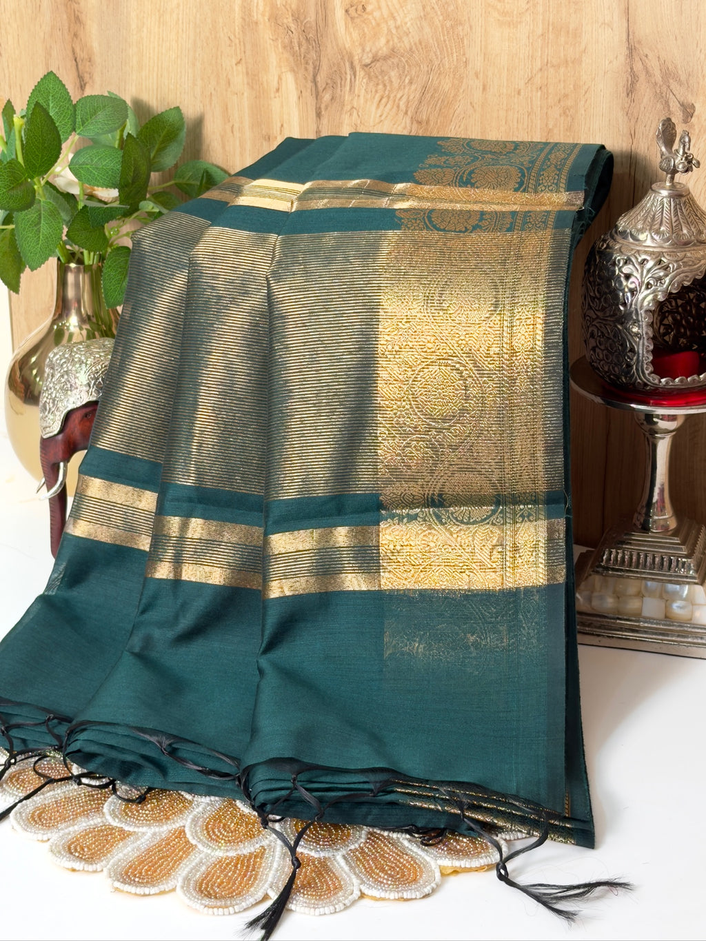 Deep Teal Chanderi Cotton Silk Saree with Zari Border