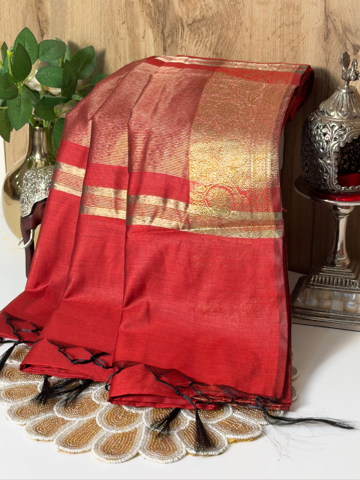 Brick Red Chanderi Cotton Silk Saree with Zari Border