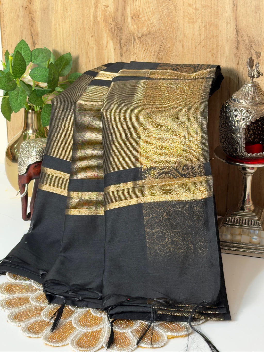 Black Chanderi Cotton Silk Saree with Zari Border