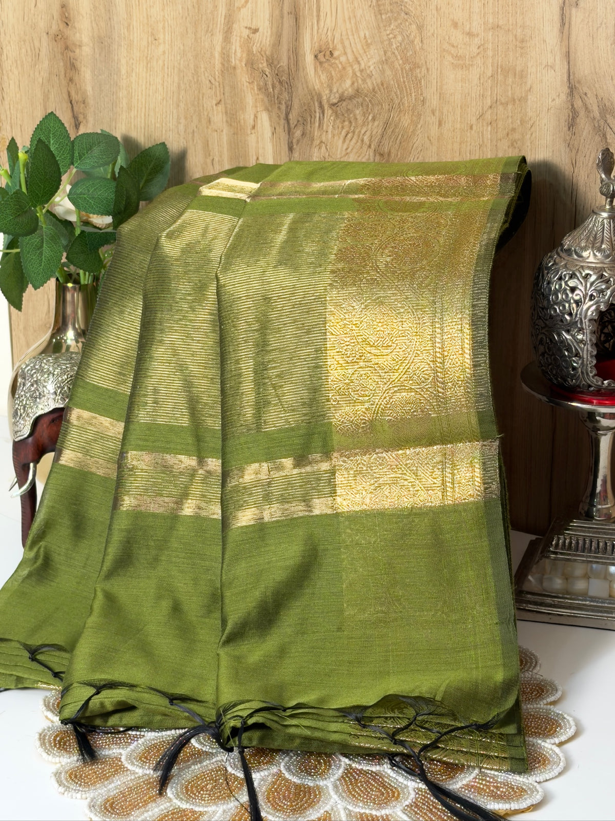 Olive Green Chanderi Cotton Silk Saree with Zari Border