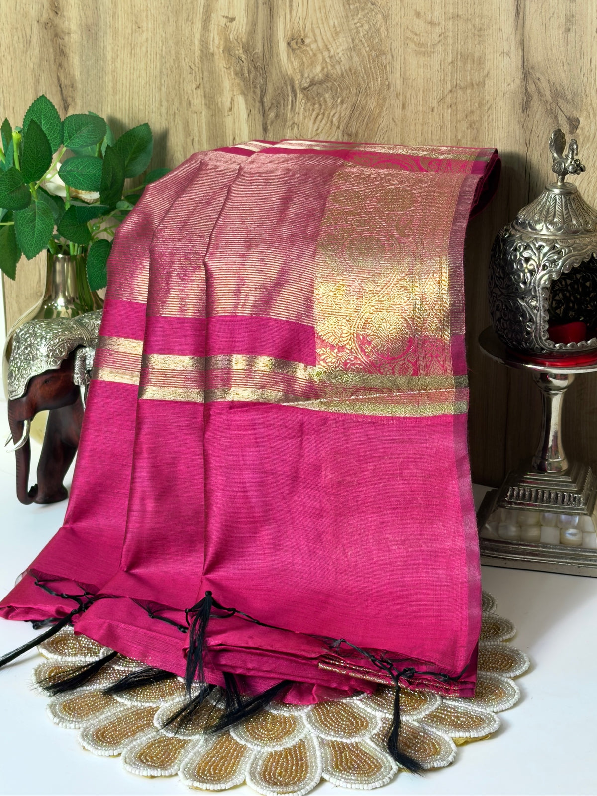 Rani Pink Chanderi Cotton Silk Saree with Zari Border