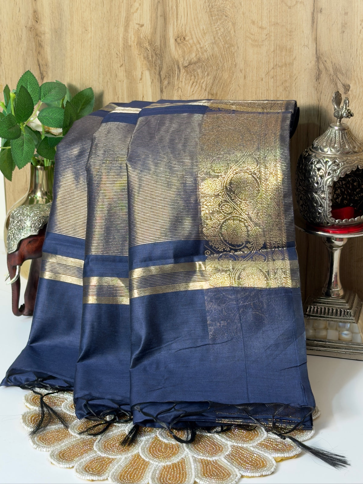 Steel Blue Chanderi Cotton Silk Saree with Zari Border