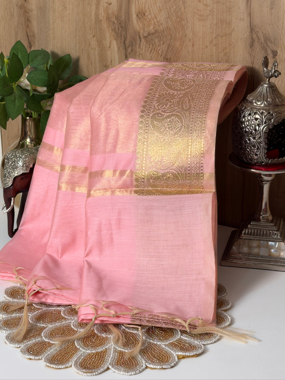 Candy Pink Chanderi Cotton Silk Saree with Zari Border