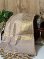 Ivory Beige Chanderi Cotton Silk Saree with Zari Border