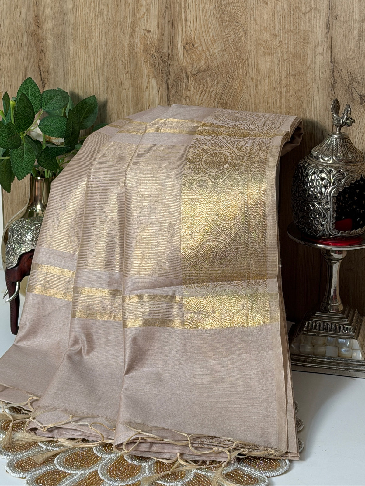 Ivory Beige Chanderi Cotton Silk Saree with Zari Border