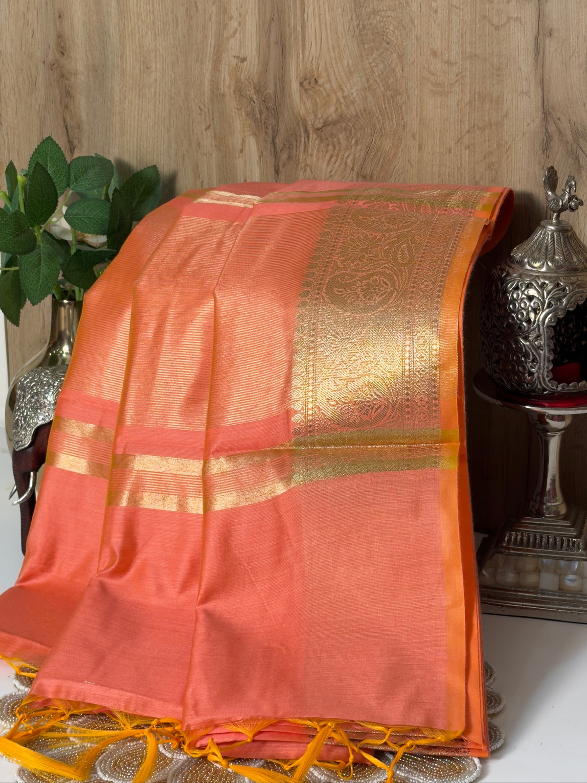 Coral Orange Chanderi Cotton Silk Saree with Zari Border
