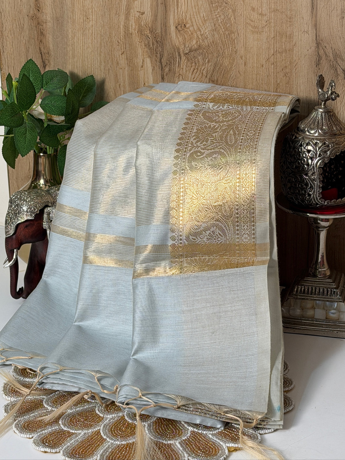 Ice Blue Chanderi Cotton Silk Saree with Zari Border