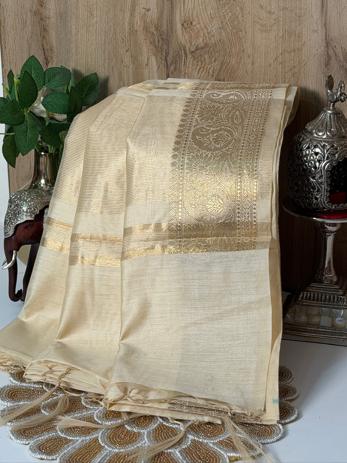 Ivory Chanderi Cotton Silk Saree with Zari Border