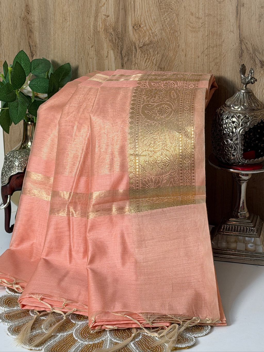 Peach Pink Chanderi Cotton Silk Saree with Zari Border