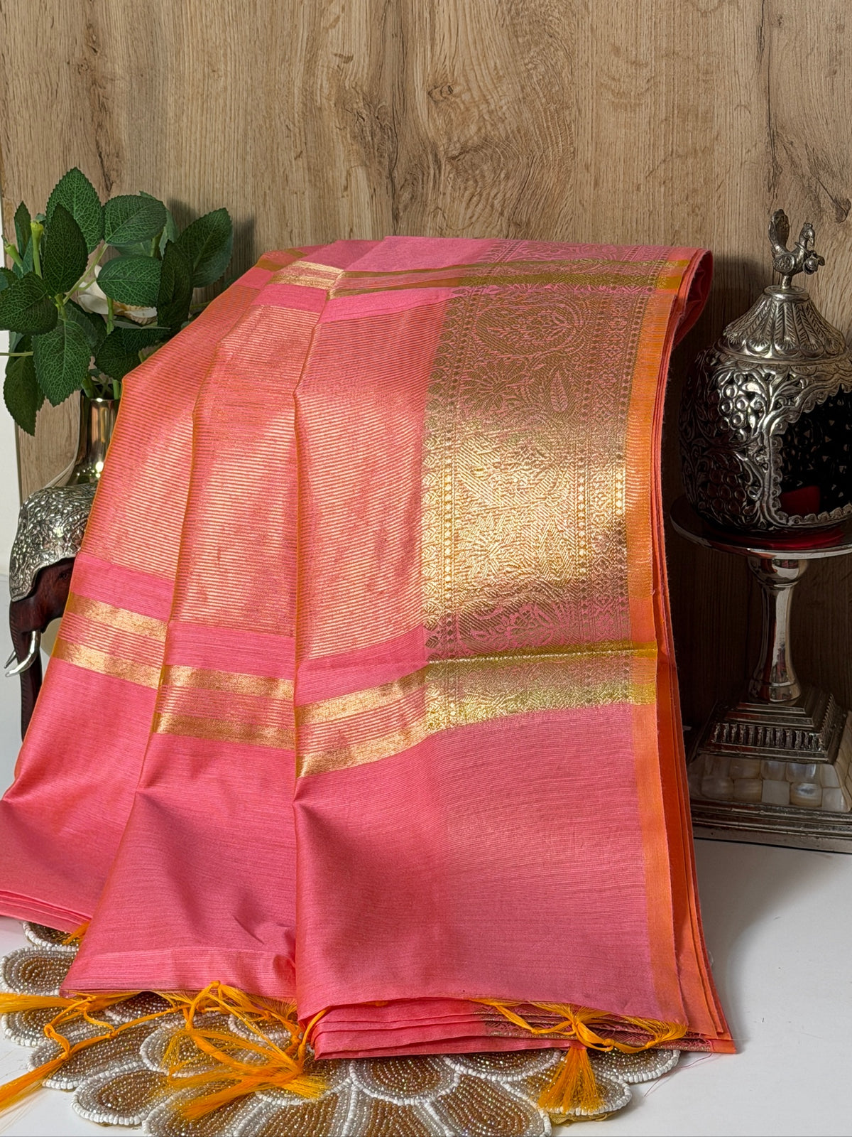Coral Pink Chanderi Cotton Silk Saree with Zari Border