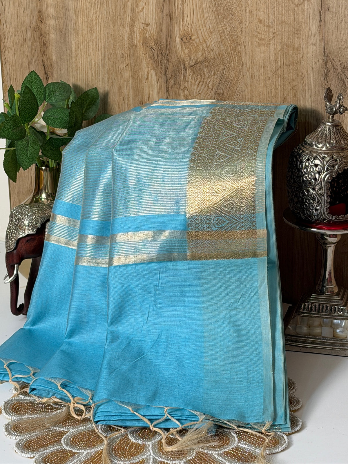 Aqua Blue Chanderi Cotton Silk Saree with Zari Border