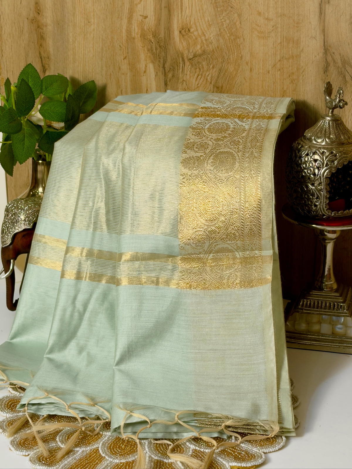 Mint Green Chanderi Cotton Silk Saree with Zari Border