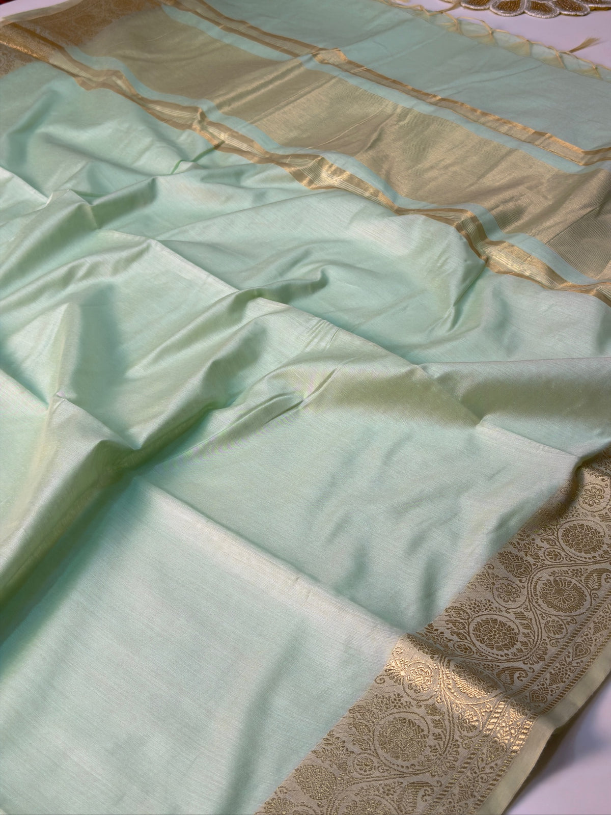 Mint Green Chanderi Cotton Silk Saree with Zari Border