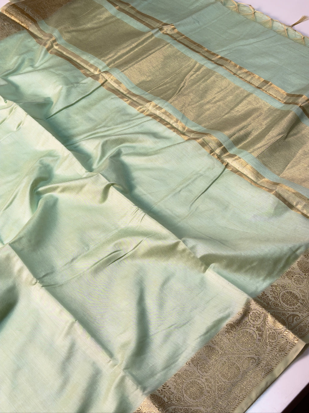 Mint Green Chanderi Cotton Silk Saree with Zari Border