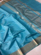 Aqua Blue Chanderi Cotton Silk Saree with Zari Border