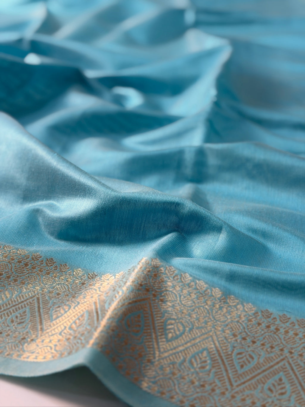 Aqua Blue Chanderi Cotton Silk Saree with Zari Border