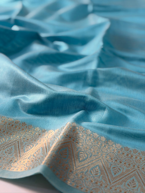 Aqua Blue Chanderi Cotton Silk Saree with Zari Border